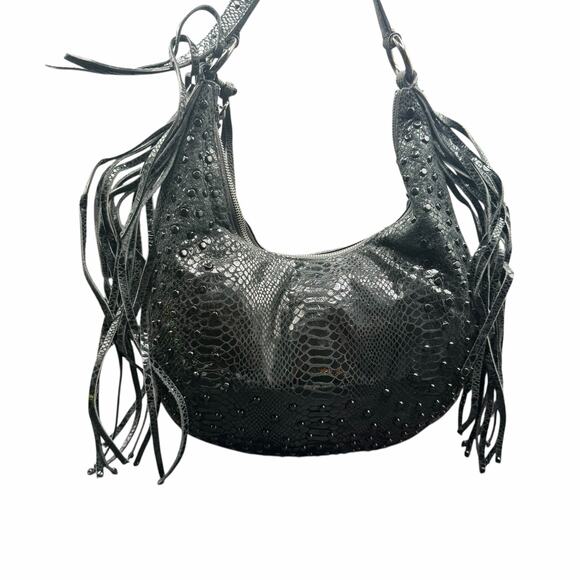 Michael Kors Rhea Crystal Black Snake Embossed Studded Hobo Bag
